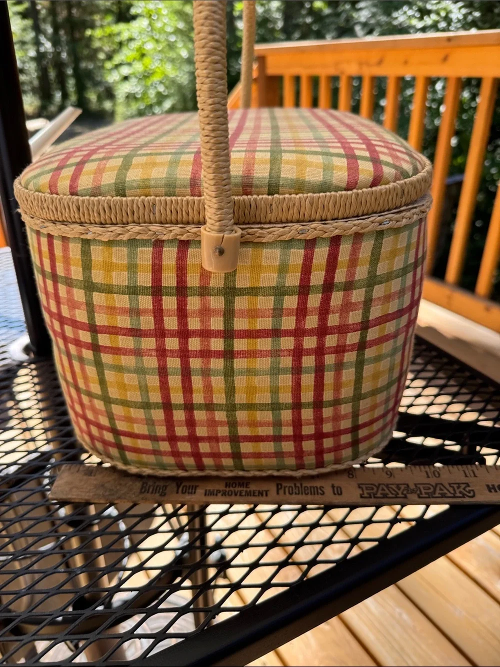 Vintage Plaid fabric Sewing Basket with Handle